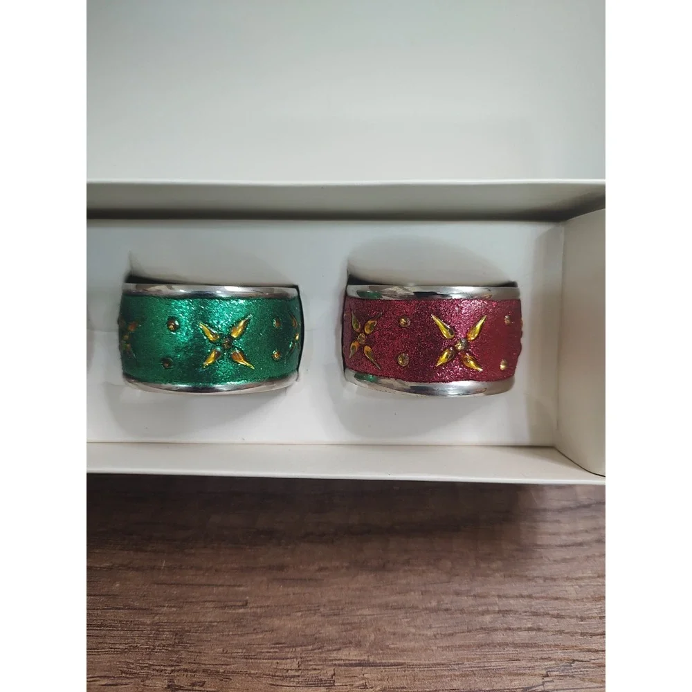 Pier 1 Napkin Rings India Multicolor Glitter Metal Floral Jeweled Set of 4 V1